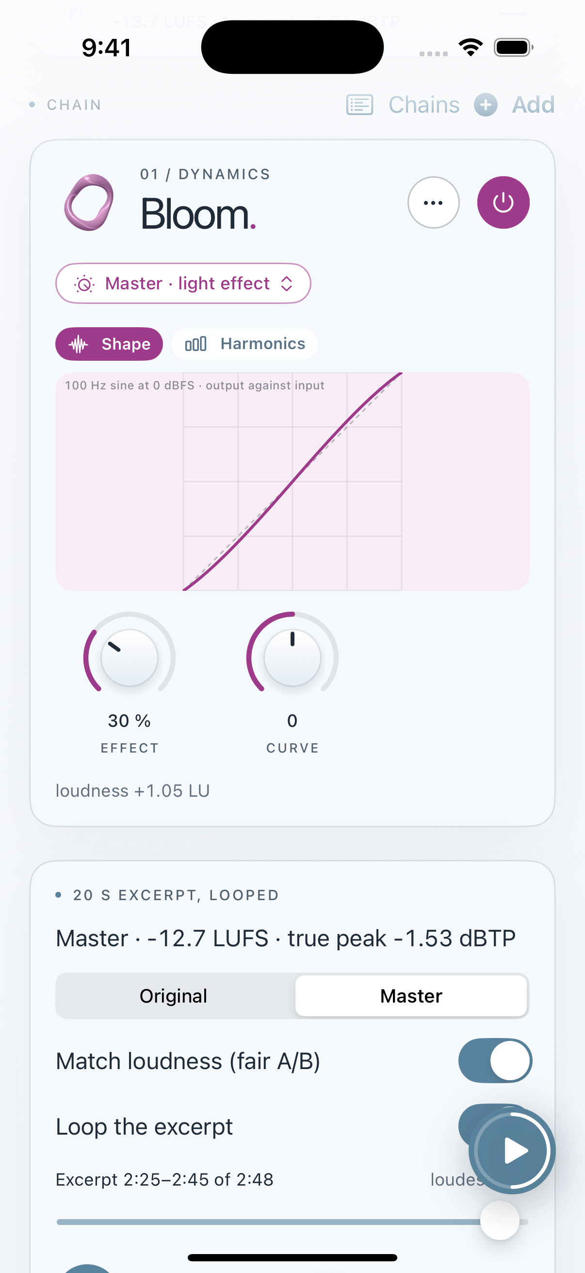Clios Bloom in Mastering Lab on iPhone screenshot