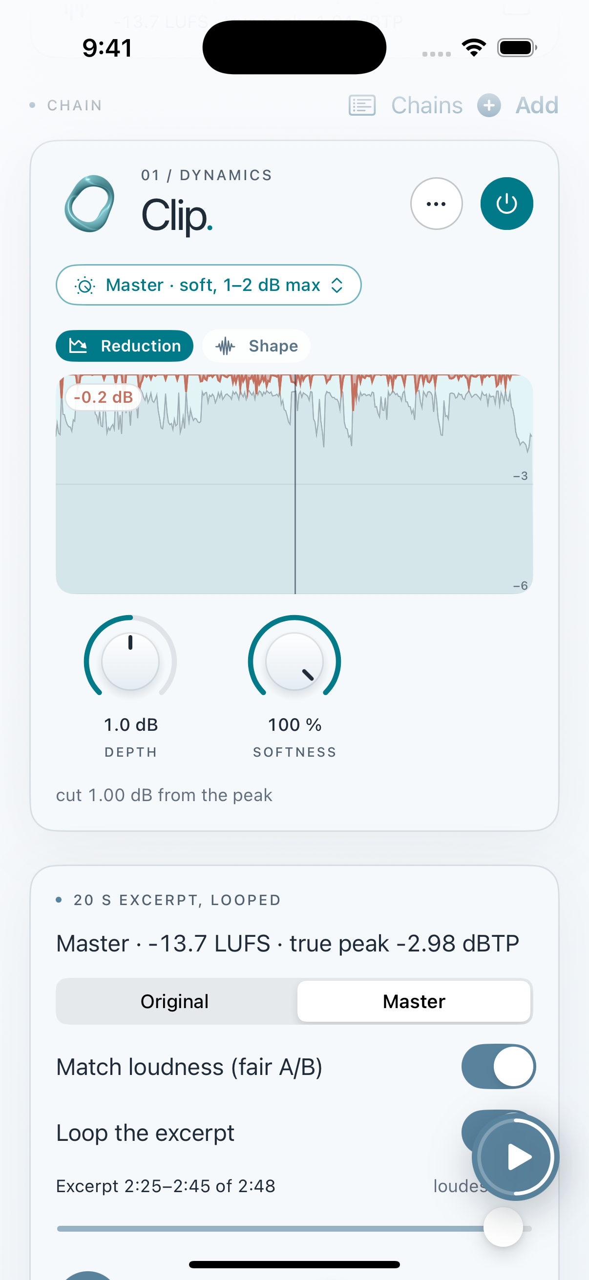 Clios Clip in Mastering Lab on iPhone screenshot
