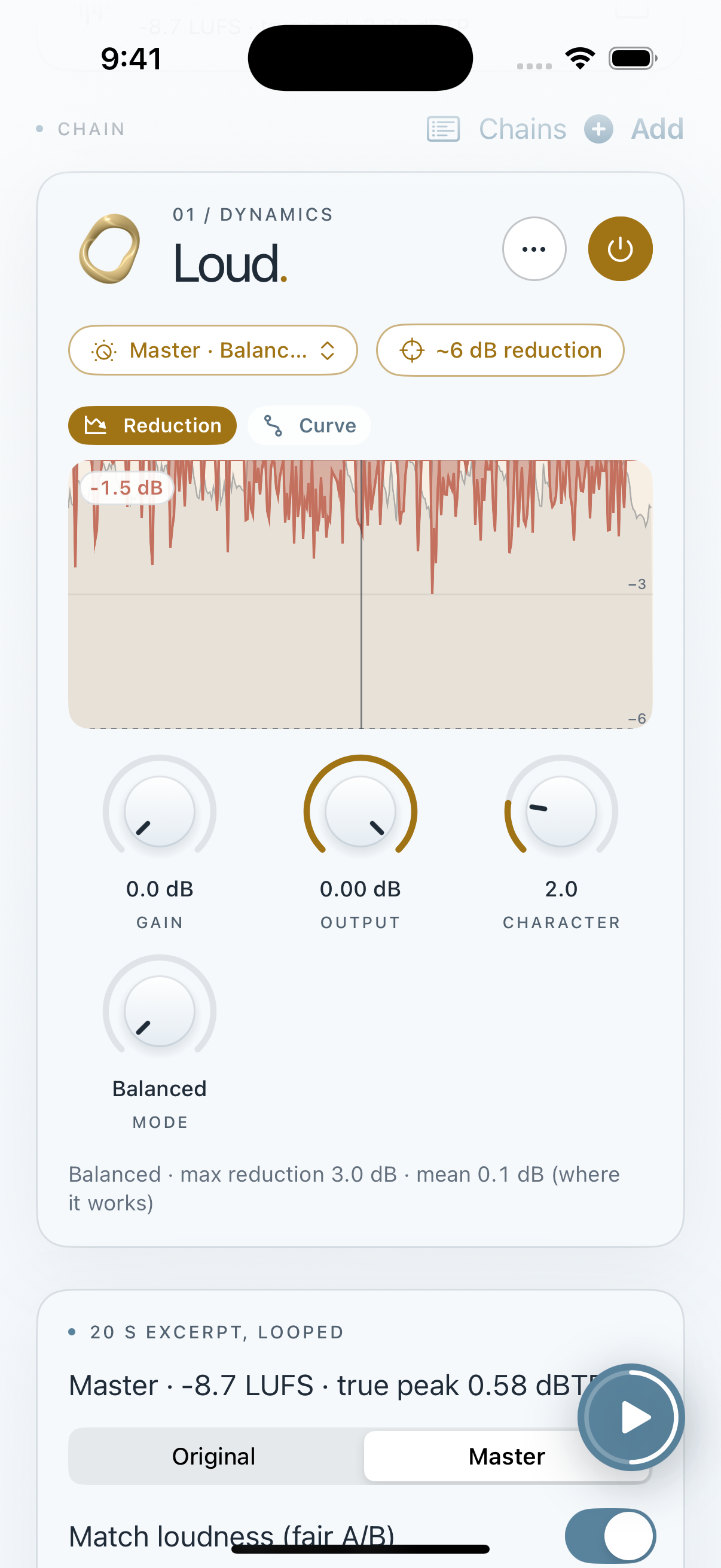 Clios Loud in Mastering Lab on iPhone screenshot