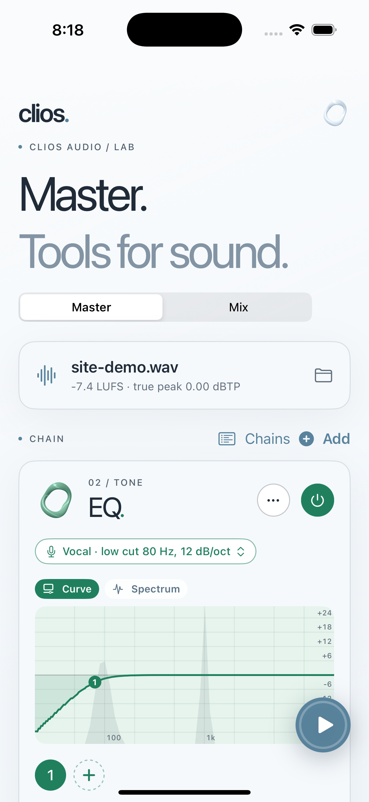 Current Mastering Lab iPhone Master screen